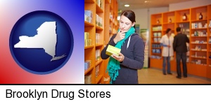 Brooklyn, New York - a drug store pharmacist and customers