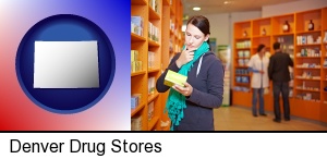 Denver, Colorado - a drug store pharmacist and customers