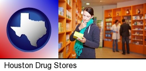 Houston, Texas - a drug store pharmacist and customers