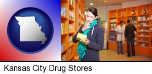 Kansas City, Missouri - a drug store pharmacist and customers