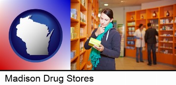 a drug store pharmacist and customers in Madison, WI