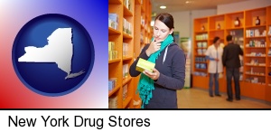 New York, New York - a drug store pharmacist and customers