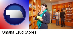 Omaha, Nebraska - a drug store pharmacist and customers