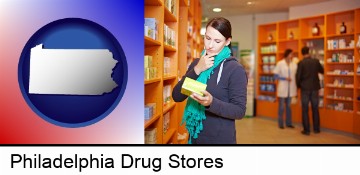 a drug store pharmacist and customers in Philadelphia, PA