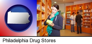 Philadelphia, Pennsylvania - a drug store pharmacist and customers