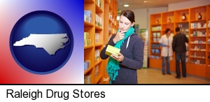 Raleigh, North Carolina - a drug store pharmacist and customers