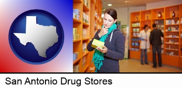 a drug store pharmacist and customers in San Antonio, TX