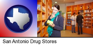 San Antonio, Texas - a drug store pharmacist and customers