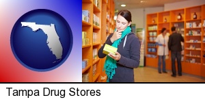 Tampa, Florida - a drug store pharmacist and customers