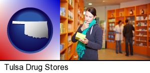 Tulsa, Oklahoma - a drug store pharmacist and customers