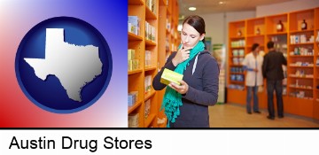 a drug store pharmacist and customers in Austin, TX