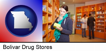 a drug store pharmacist and customers in Bolivar, MO