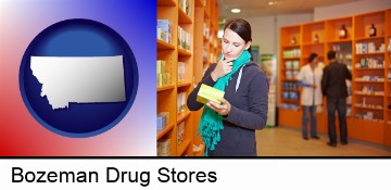 a drug store pharmacist and customers in Bozeman, MT