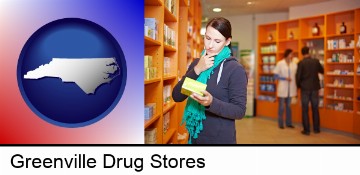 a drug store pharmacist and customers in Greenville, NC