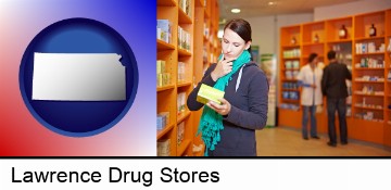 a drug store pharmacist and customers in Lawrence, KS