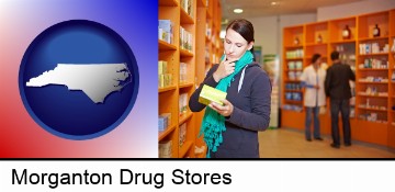a drug store pharmacist and customers in Morganton, NC