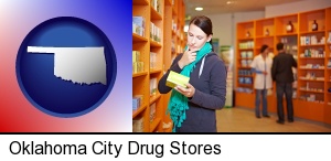 Oklahoma City, Oklahoma - a drug store pharmacist and customers