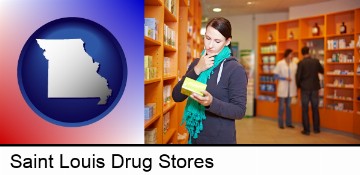 a drug store pharmacist and customers in Saint Louis, MO