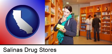 a drug store pharmacist and customers in Salinas, CA