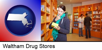 a drug store pharmacist and customers in Waltham, MA